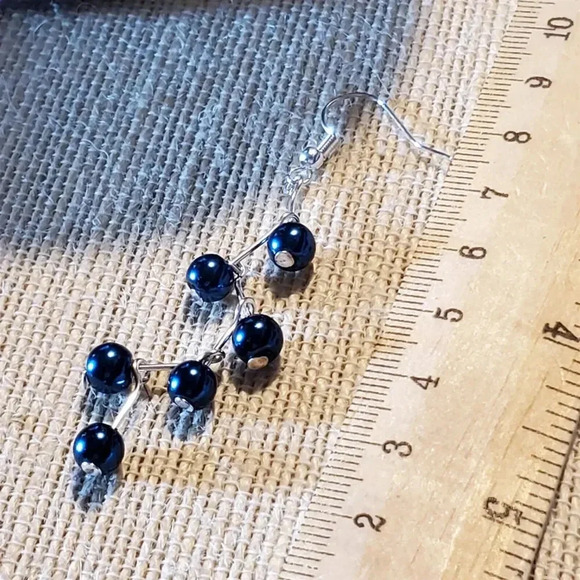 Hand Crafted Blue Glass Pearl Long Zig Zag Geometric Dangle Earrings - Picture 8 of 8